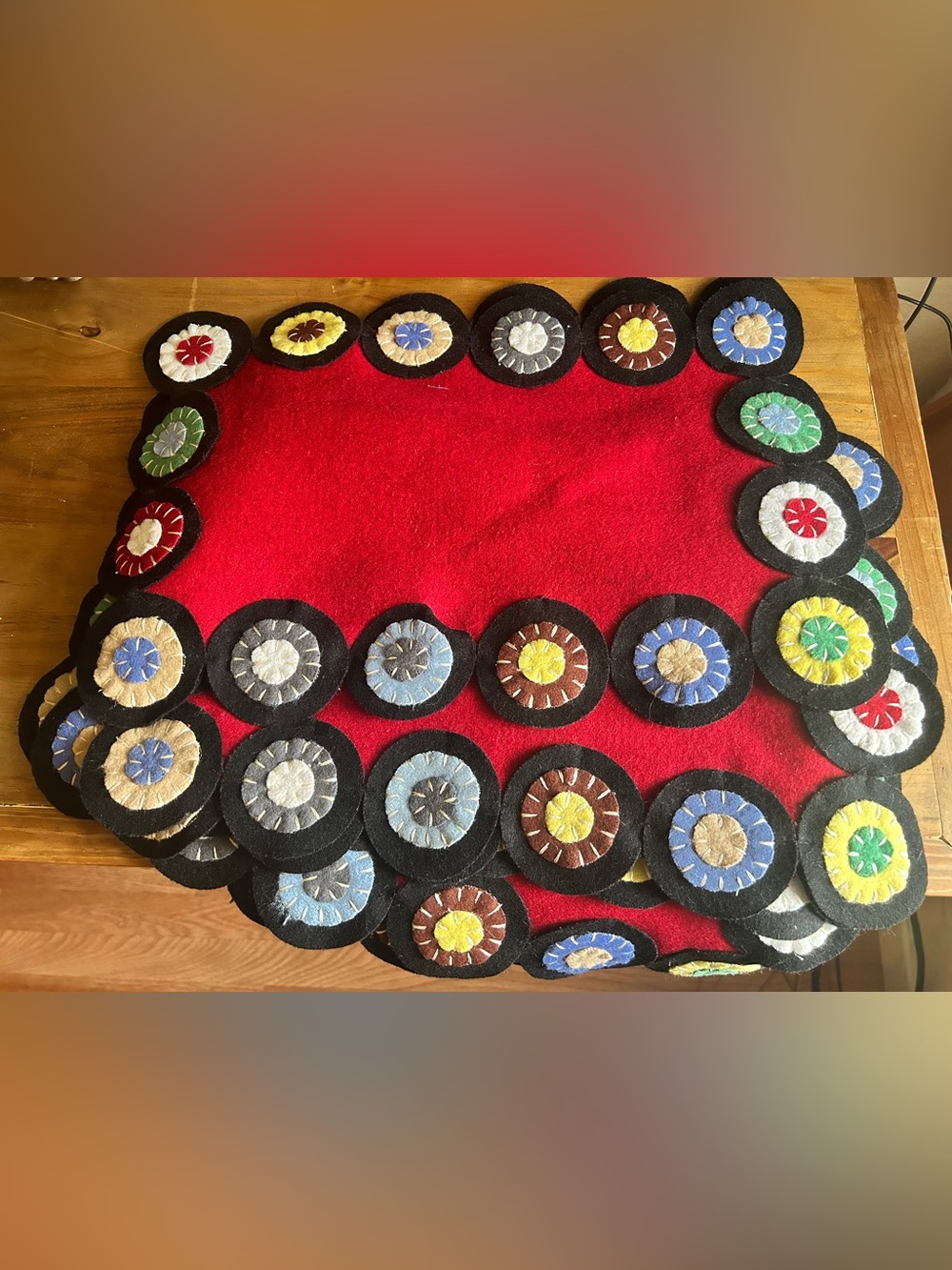 Vintage Decorative Red Wool placemats with Multicolor Felt Rosettes